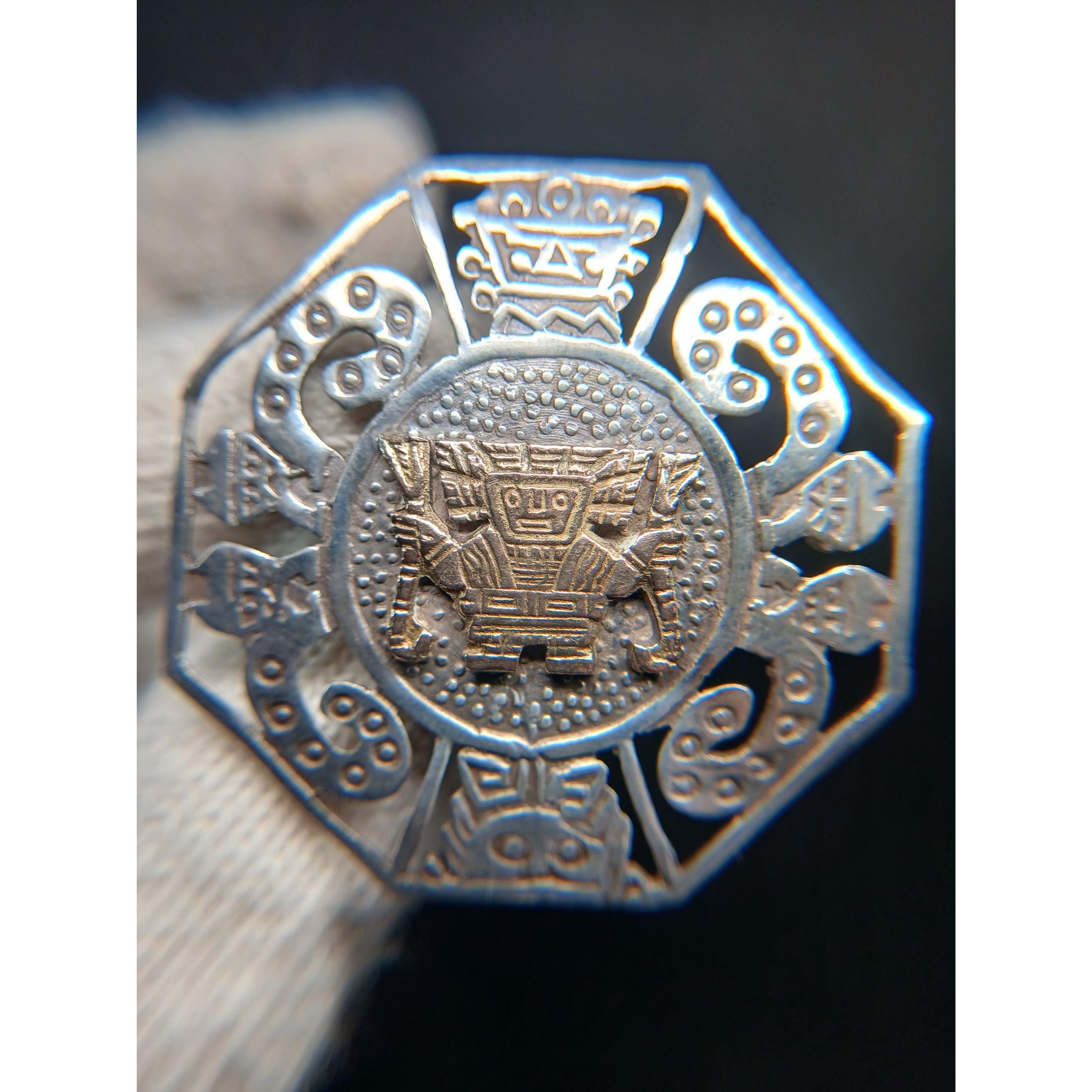 Vintage 18k Sterling Silver Incan Brooch Pendant